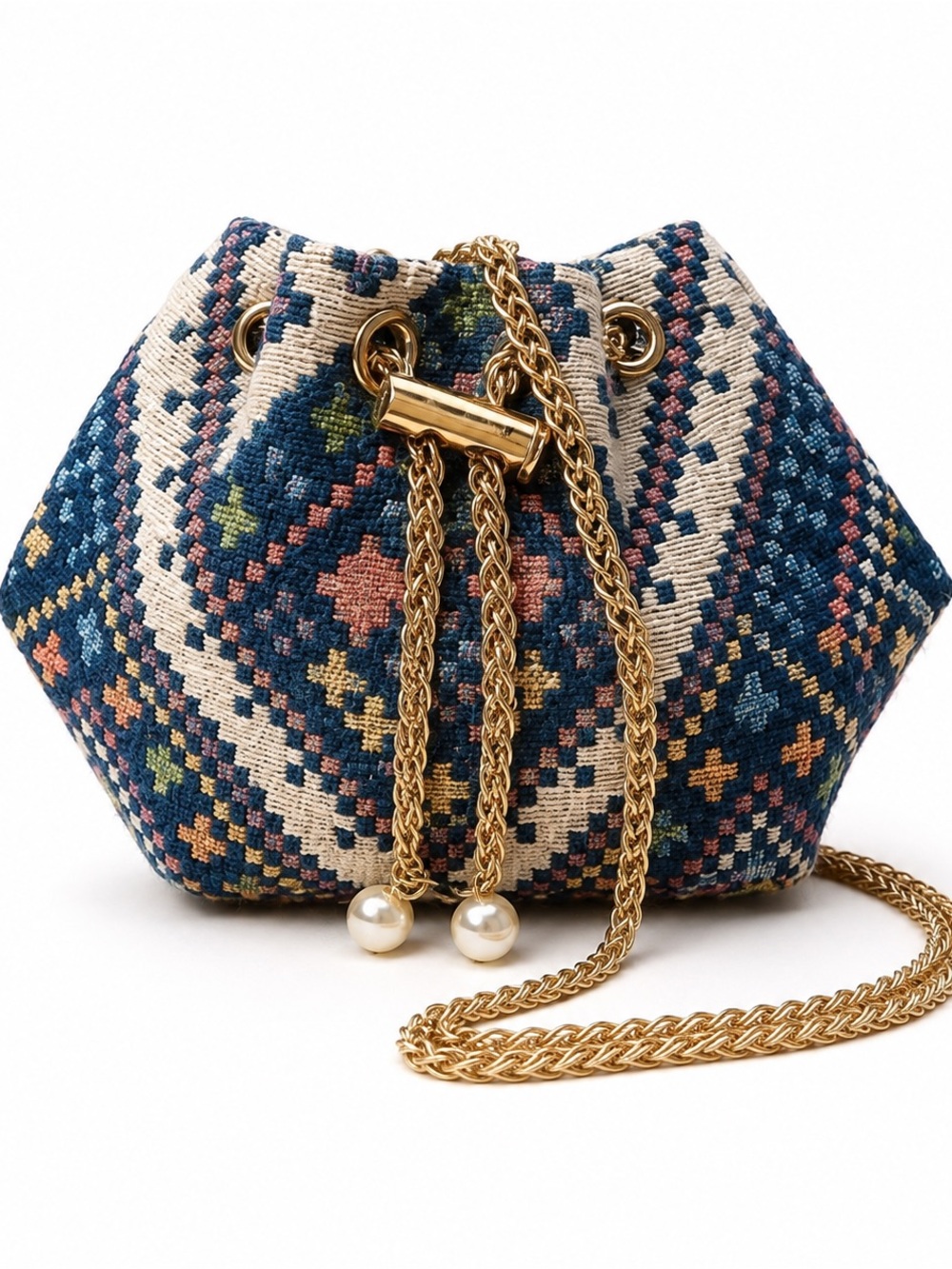 New Boho Tapestry Mini Bucket Bag Gold Chain Pearl Drawstring Crossbody